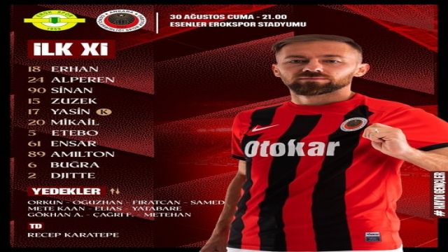 Erokspor 1 - Gençlerbirliği 2 İlk yarı sonucu...