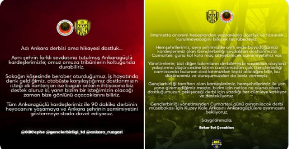 Ankaragücü ve Gençlerbirliği derbisi ile alakalı ortak açıklama